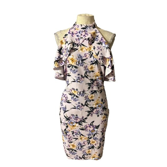 BEBE Dress 10 Lavender Stretch Floral Halter Tie Ruffle Summer Fairy NWT $129 - Picture 3 of 9